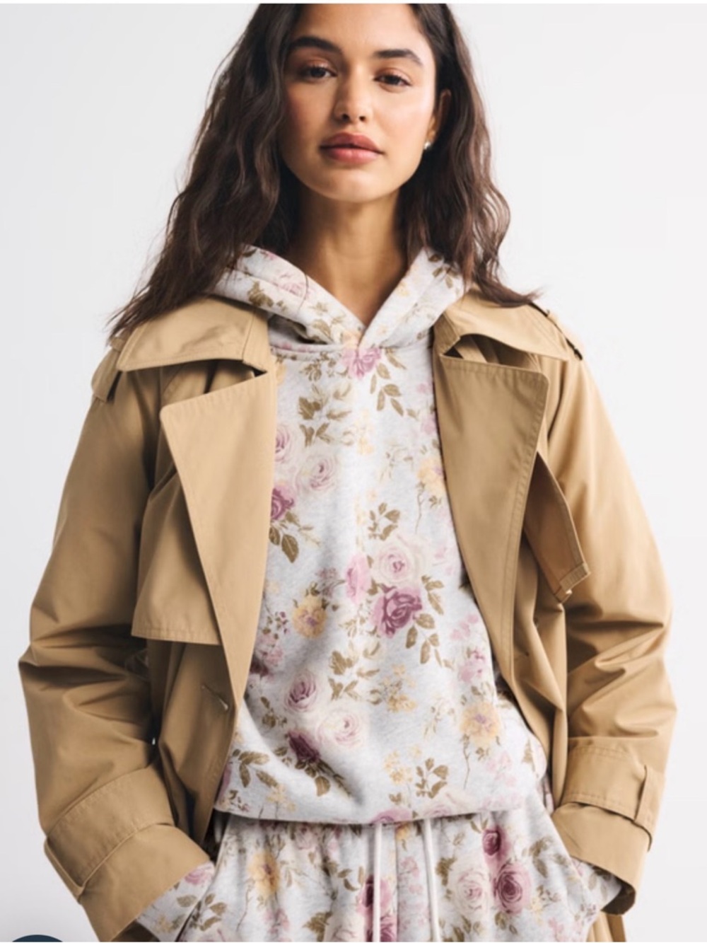 NWT Abercrombie &Fitch Floral Hooded Sweatshirt Light Gray W Dusty Rose S & M - Picture 5 of 8